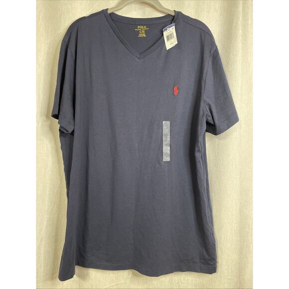 NWT *Flaw* Men's Size Large V-neck Polo Ralph Lauren Solid Dark Navy S/S T-Shirt - Picture 1 of 6